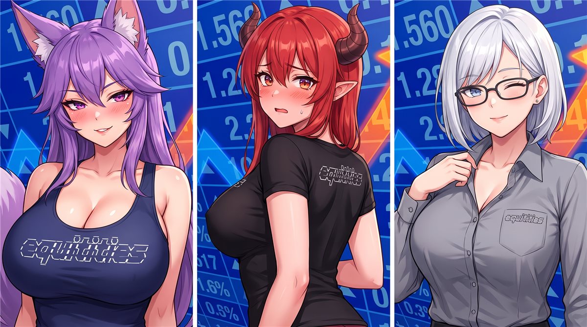 Three Equititties girls in front of a stock board